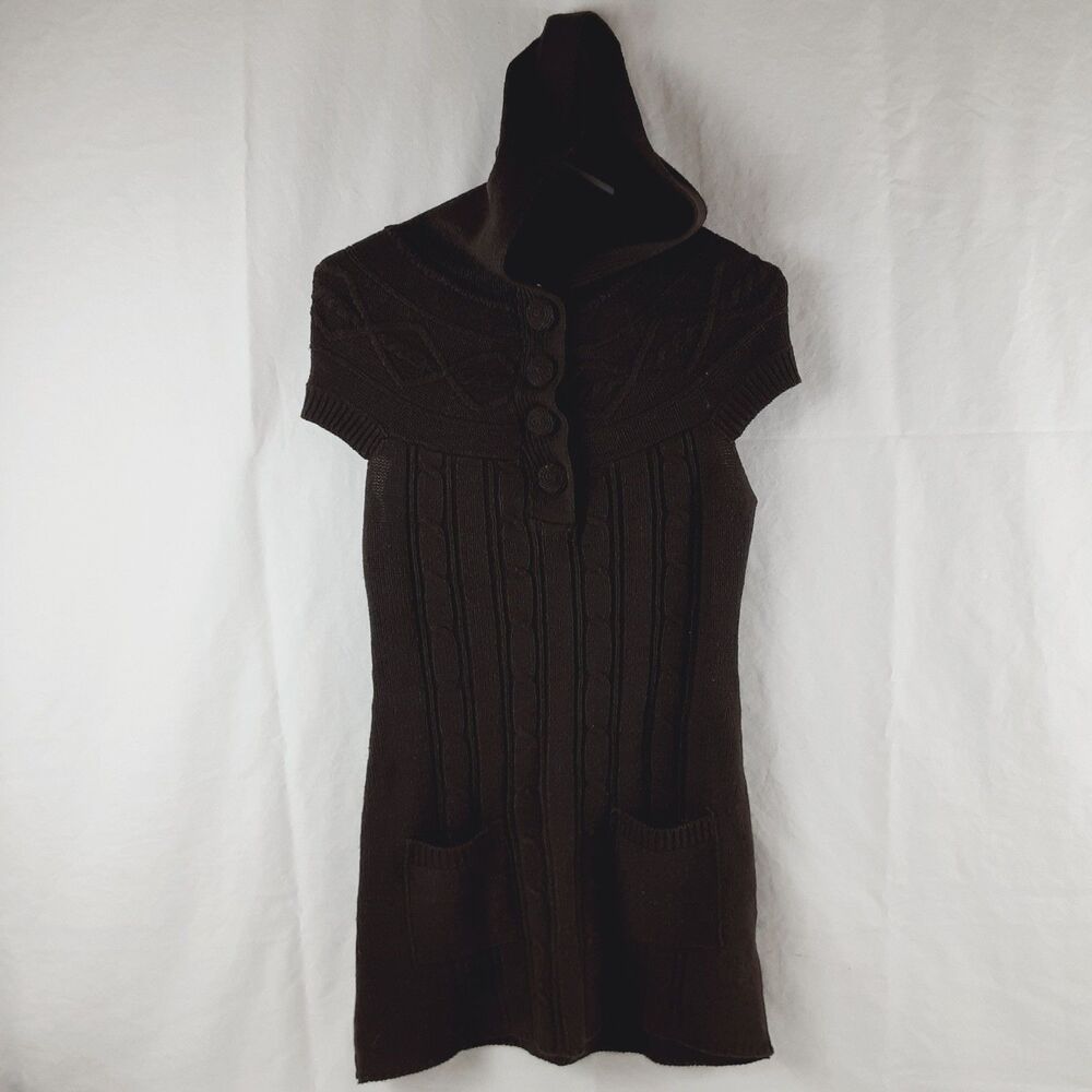 Yoki Sweater Hoodie Tunic Dress Short Sleeved Y2K Brown Knit Ribbed Teen Medium